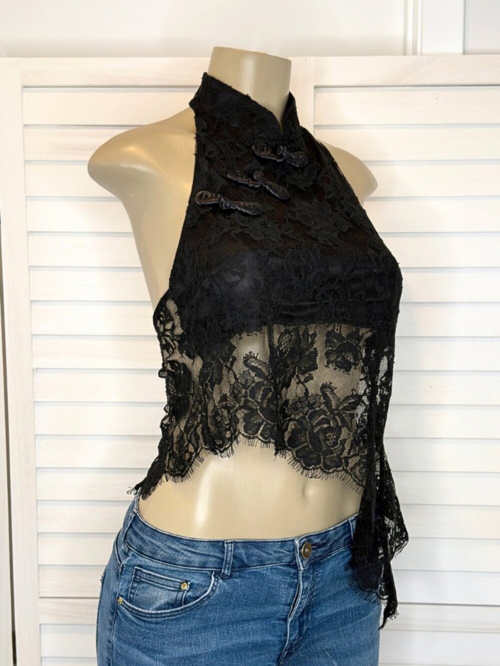 Chocolate USA Black Mandarin Collar Lace Halter Top - Picture 3 of 9
